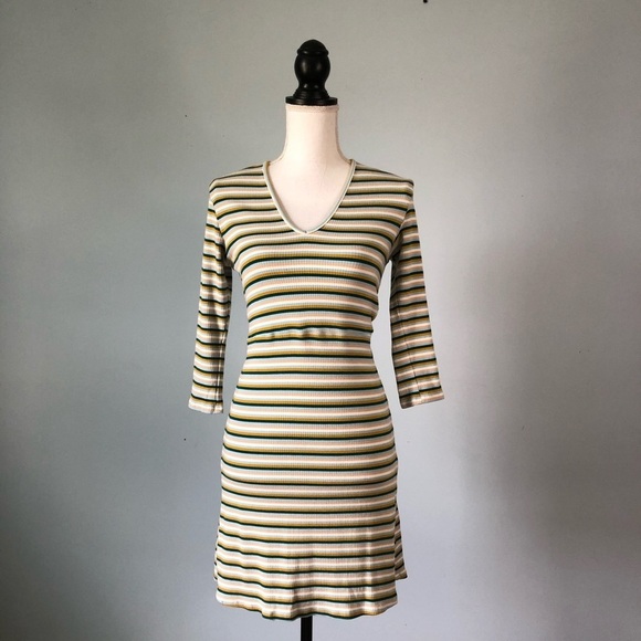 ALYA | Striped Ribbed Dress V-Neck Dress Sz M - Picture 2 of 8